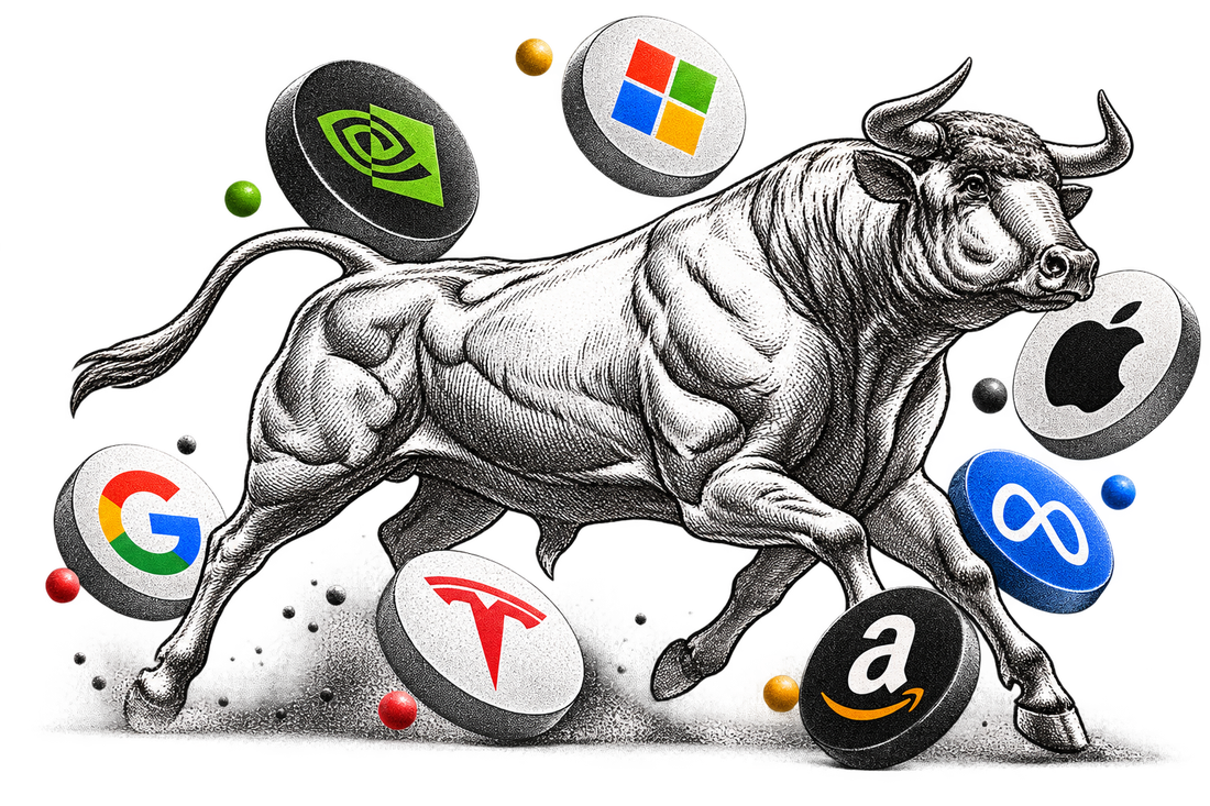 An engraved bull charging through tokenized stock coins for Nvidia, Microsoft, Apple, Google, Tesla, Meta and Amazon